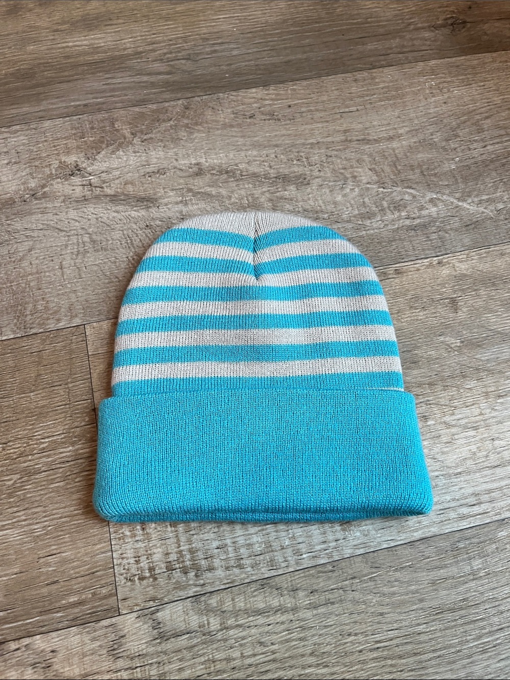 Adult Striped Teal & Light Gray Knit Cuffed Beanie